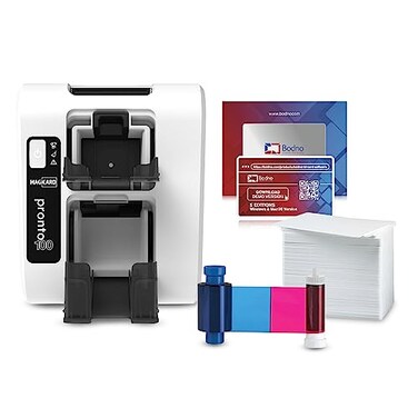 Bodno Magicard Pronto 100 ID Card Printer &amp; Complete Supplies Package ID Software - Silver Edition