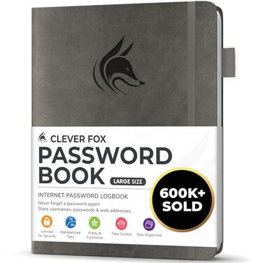 Clever Fox Password Book with Alphabetical Tabs, 7"x10" Keeper Grey