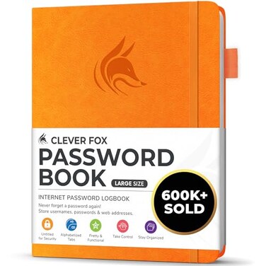 Clever Fox Password Book with Alphabetical Tabs, 7"x10" Keeper Yellow