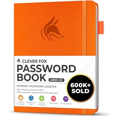 Clever Fox Password Book with Alphabetical Tabs, 7"x10" Keeper Orange