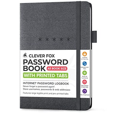 Clever Fox Password Book, Alphabetized Username Notebook Medium Mystic Gray