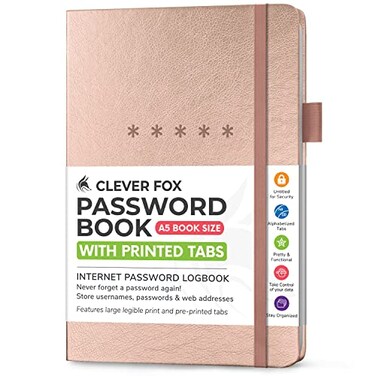 Clever Fox Password Book, Alphabetized Username Notebook, Medium Rose Gold