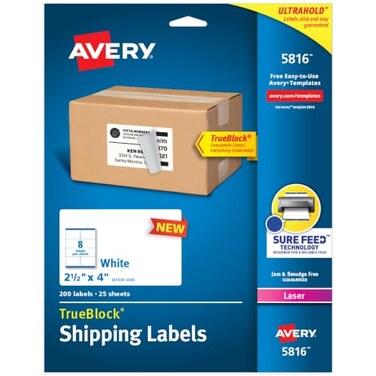 Avery Printable Blank Shipping Labels, 2.5" x 4", White, 200 Labels, Laser Printer, Permanent Adhesive (5816)