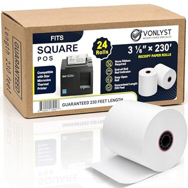 Vonlyst Receipt Paper Roll 3 1/8 x 230 for Square Register and Square POS System connected to Star Micronics Thermal Printer (Pack 24 rolls)