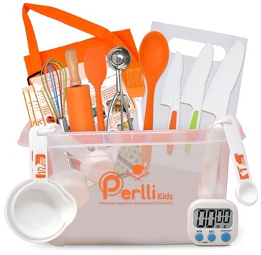PERLLI Kids Real Cooking and Baking Supplies Gift Set with Case (Orange)