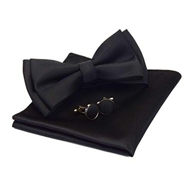 Silk Bow Ties For Men Black Pre-tied Solid Bowtie and Pocket Square Cufflink Sets (0577-12)