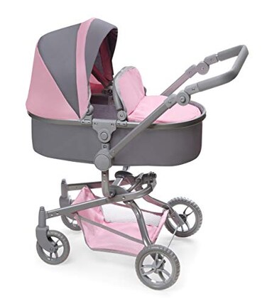 Badger Basket Foldable Doll Stroller &amp; Pram with Canopy - Gray/Pink