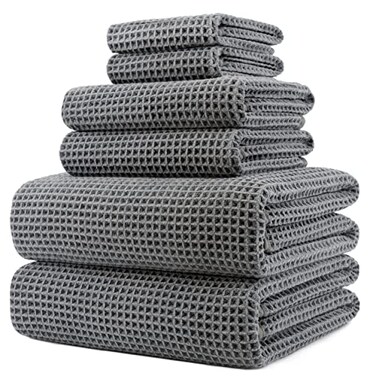 POLYTE 430 GSM Poly Blend Microfiber Quick Dry Waffle Bath Towel Set of 6