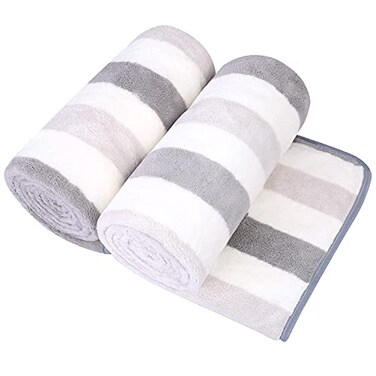 JML Microfiber Bath Towels, 30" x 60", 2 Pack, Cabana Stripe Grey