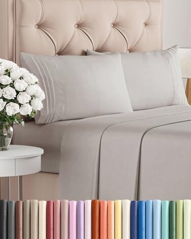 Full Size 4 Piece Sheet Set - Breathable &amp; Cooling Sheets - Light Grey