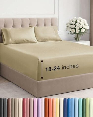 Extra Deep Cal King Sheet Set - 4 Piece Breathable &amp; Cooling Sheets - Beige