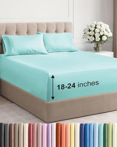 Extra Deep Queen Sheet Set - 4 Piece Breathable &amp; Cooling Sheets - Spa Blue