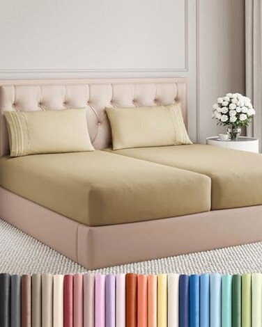 Split King Size 5 Piece Sheet Set - Breathable &amp; Cooling Sheets - Beige