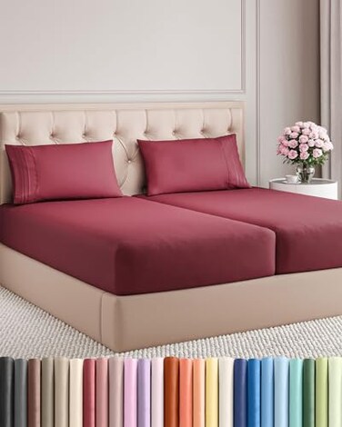 Split King Size 5 Piece Sheet Set - Breathable &amp; Cooling Sheets - Burgundy