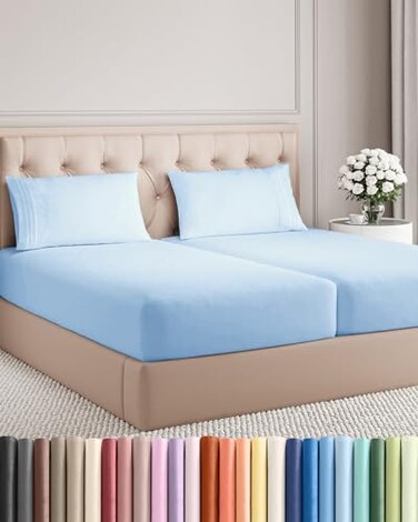 Split King Size 5 Piece Sheet Set - Comfy Breathable &amp; Cooling - Light Blue