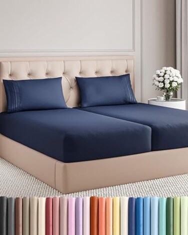 Split King Size 5 Piece Sheet Set - Breathable &amp; Cooling Sheets - Navy Blue
