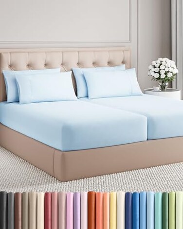 Split King 7 Piece Bed Sheet Set - Comfy, Breathable &amp; Cooling - Baby Blue