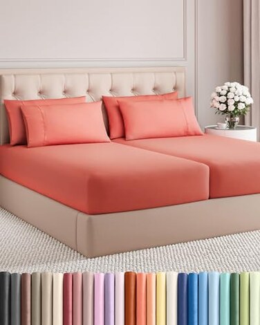 Split King 7 Piece Bed Sheet Set - Comfy, Breathable &amp; Cooling - Coral