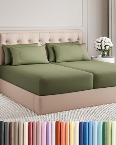 Split King 7 Piece Bed Sheet Set - Comfy, Breathable &amp; Cooling - Sage Green