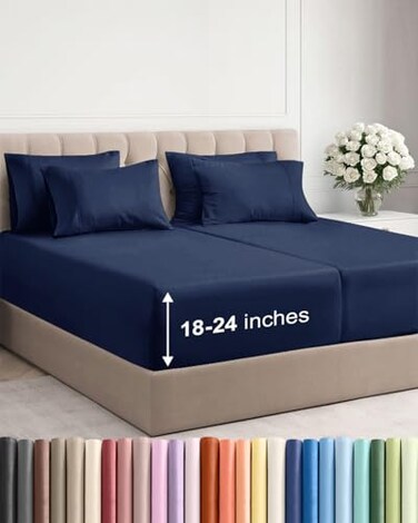 Extra Deep Split King Sheet Set - 7 Piece Breathable &amp; Cooling - Navy Blue