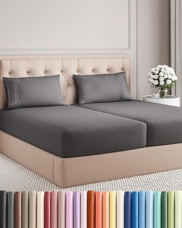 Split King Size 5 Piece Sheet Set - Breathable &amp; Cooling Sheets - Dark Grey