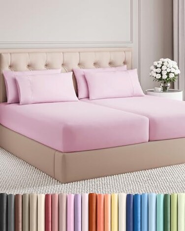 Split King 7 Piece Bed Sheet Set - Comfy, Breathable &amp; Cooling - Light Pink