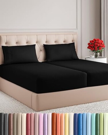 Split King Size 5 Piece Sheet Set - Breathable &amp; Cooling Sheets - Black