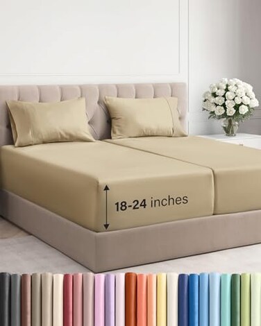 Extra Deep Split King Sheet Set - 5 Piece Breathable Cooling Sheets - Beige