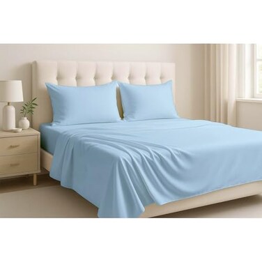 Extra Deep Sheets-Cotton Bed Sheets - 100% Cotton - 22 Inch Extra deep Pocket Fitted Sheet with Elastic All Around (4 Pcs Sheet Set) - (Light Blue Solid - King Size)