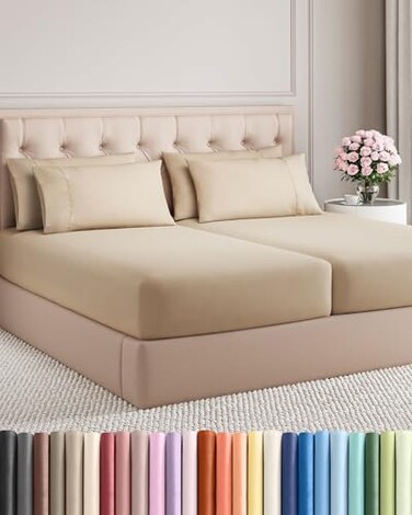 Split King 7 Piece Bed Sheet Set - Comfy, Breathable &amp; Cooling - Cream