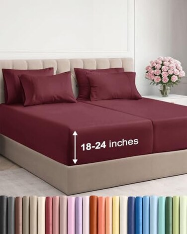 Extra Deep Split King Sheet Set - 7 Piece Breathable &amp; Cooling - Burgundy