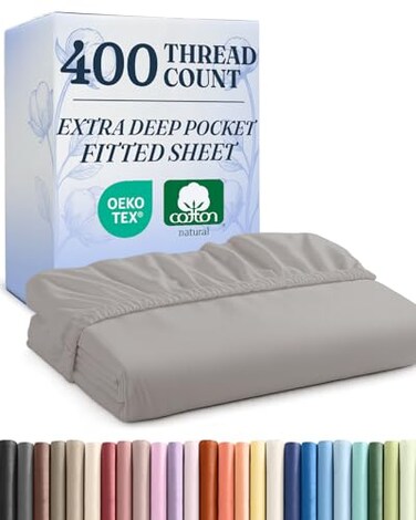 Extra Deep Cotton Fitted Sheet Queen Size - 400 Thread Count - Light Grey