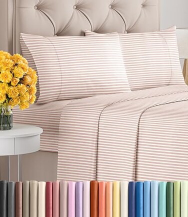 Queen Size 4 Piece Sheet Set - Soft &amp; Cooling Bed Sheets - Blush Stripes 1
