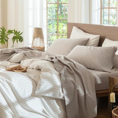 MooMee Sheet Set 100% Washed Cotton Linen-Like Extra Deep Pocket Queen