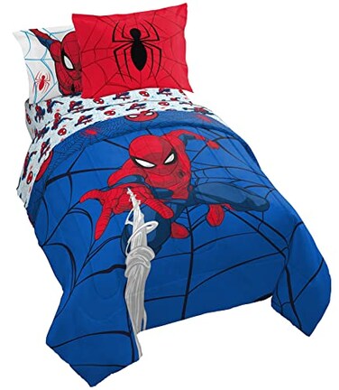 Marvel Spiderman Twin Comforter Set 5 Piece Kids Bedding for Boys, Blue