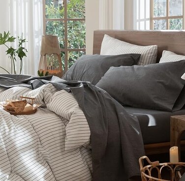 MooMee Sheet Set 100% Washed Cotton Linen-Like Extra Deep Pocket Queen