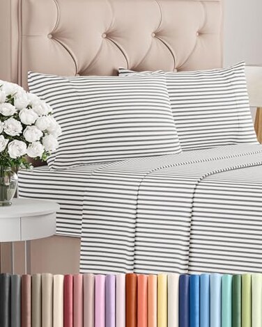 Full Size 4 Piece Sheet Set - Breathable &amp; Cooling Sheets - Grey Stripes