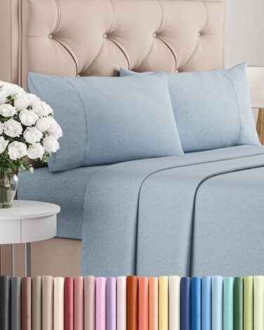 King Size 4 Piece Sheet Set - Breathable &amp; Cooling Sheets - Heathered Blue
