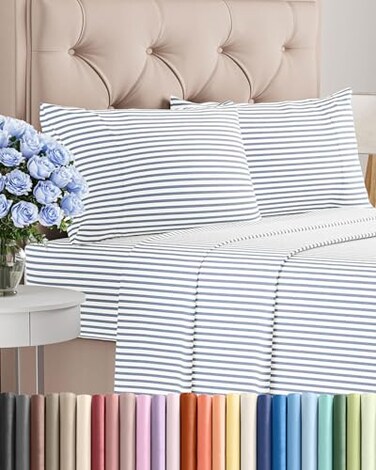 Queen Size 4 Piece Sheet Set - Breathable &amp; Cooling Sheets - Blue Stripes