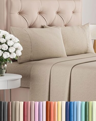 Queen Size 4 Piece Sheet Set - Comfy Breathable &amp; Cooling - Heathered Beige