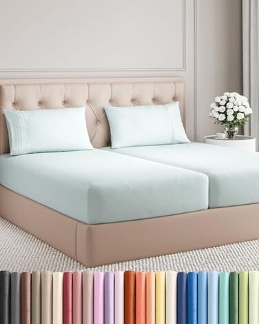 Split King Size 5 Piece Sheet Set - Breathable &amp; Cooling Sheets - Ice Blue
