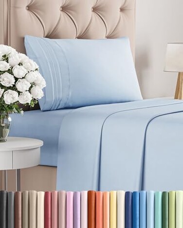 Twin Size 3 Piece Sheet Set - Comfy Breathable &amp; Cooling Sheets - Sky Blue