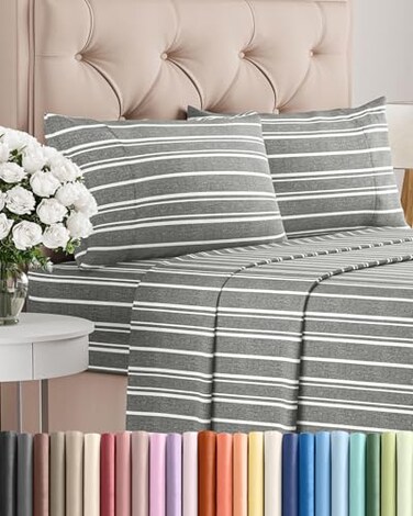 Full Size 4 Piece Sheet Set - Breathable &amp; Cooling Sheets - Grey Stripes