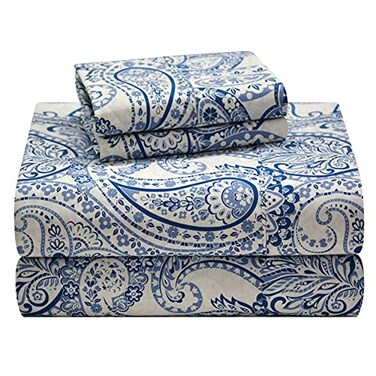 Pointehaven 100% Cotton Percale Sheets - Printed Bed Sheet &amp; Pillowcase Sets - Soft Cotton Bed Sheets Set - Fits Mattress 18 inches Deep Pocket (Blue, Queen)