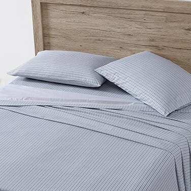 Eddie Bauer - Twin Sheet Set with Fitted Sheet &amp; Pillowcase, 100% Cotton Percale Bedding, Crisp &amp; Cool, Dorm Room Essentials, Ticking Stripe Light Blue