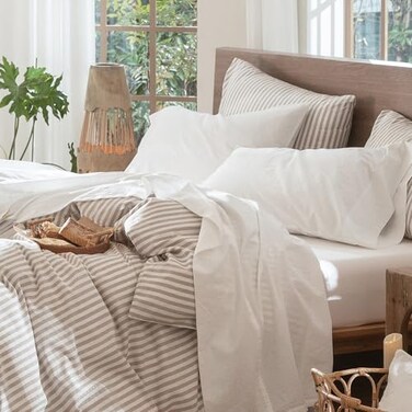 MooMee Sheet Set 100% Washed Cotton Linen-Like Extra Deep Pocket King