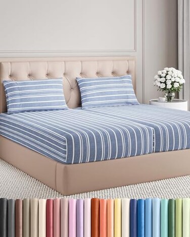 Split King Size 5 Piece Sheet Set - Breathable &amp; Cooling - Blue Stripes
