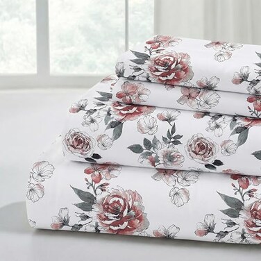 Modern Threads Printed 4-Piece Extra Soft Bedding Sheets &amp; Pillowcase Set, Deep Pocket up to 16 inch Mattress Rose Bloom Full