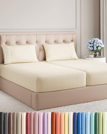 Split King Size 5 Piece Sheet Set - Breathable &amp; Cooling Sheets - Off White