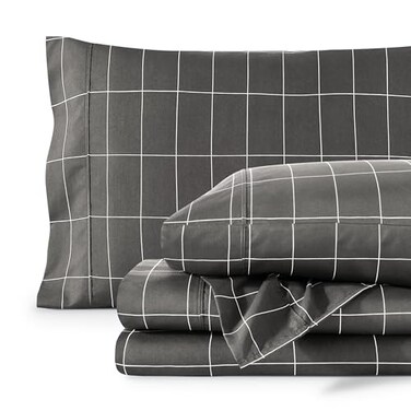 Bare Home Printed Sheet Set - 1800 Ultra-Soft (King, Grid - Grey/White)